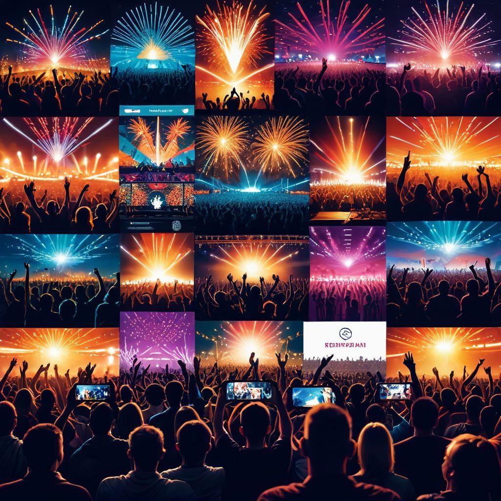 A dynamic collage showcasing diverse events like concerts, sports, and festivals, surrounded by digital elements like notifications and alerts. Include smartphones and tablets displaying event updates to convey the concept of real-time information. The scene should reflect excitement and engagement, with people enjoying the events. vibrant colors. futuristic style. high contrast.