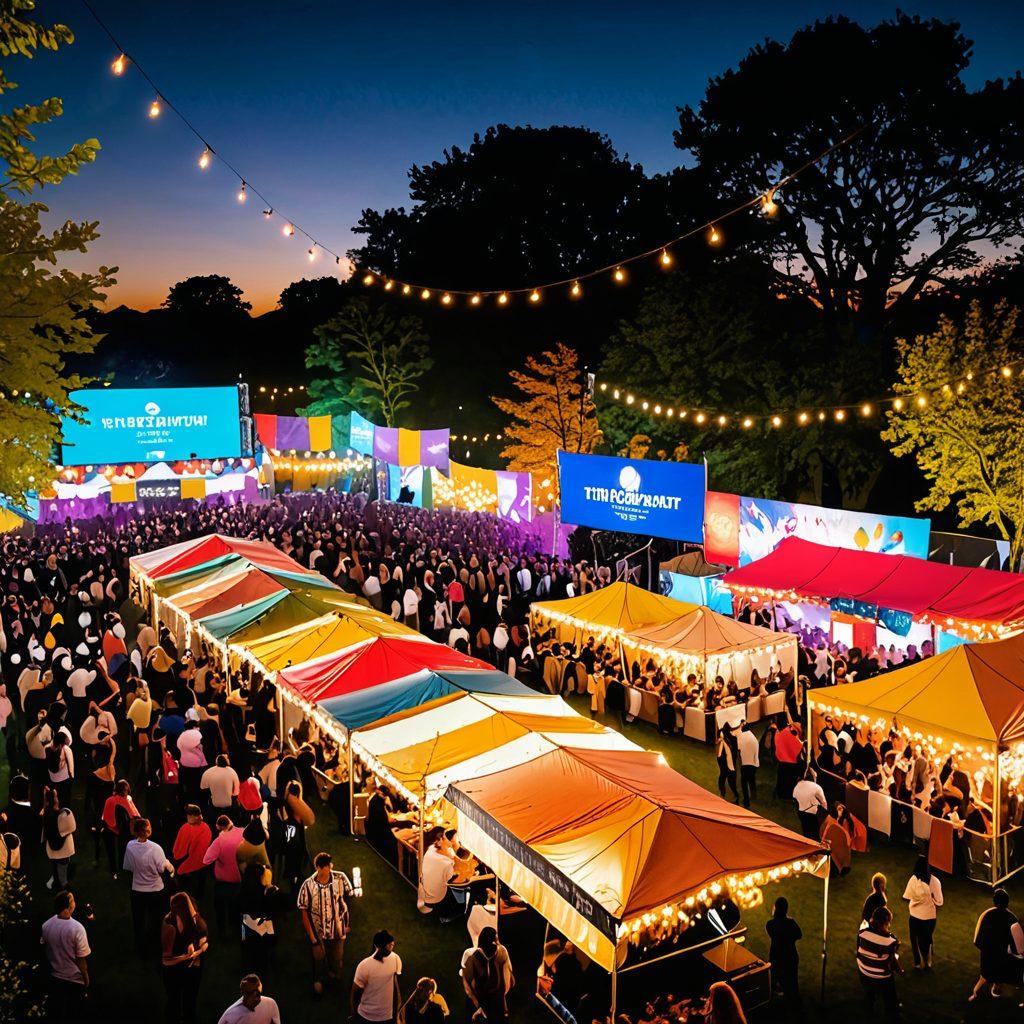 A dynamic scene depicting a diverse group of excited people exploring a vibrant outdoor live event with colorful lights and energetic performances. Showcase a mix of musicians, food stalls, and digital event screens displaying live updates. Include elements of joy, connection, and discovery, highlighting the thrill of being in the moment. super-realistic. vibrant colors. immersive atmosphere.