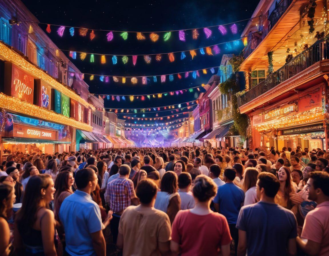 A lively social event scene showcasing diverse people engaged in conversation, laughter, and interactive activities. Incorporate elements like a vibrant stage, colorful decorations, and a crowd of various ages and backgrounds enjoying live entertainment. Showcasing the energy and connection fostered through live interactions and shared experiences. bright colors. 3D. ultra-detailed.